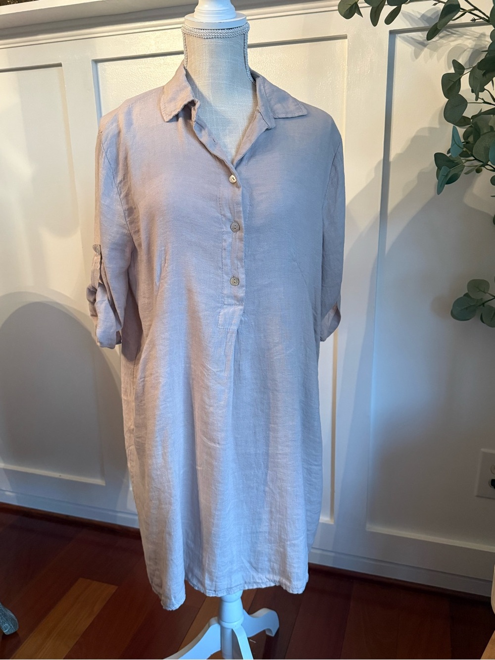 Light Taupe Linen Shirt Dress - Elegant Casual -Made in Italy